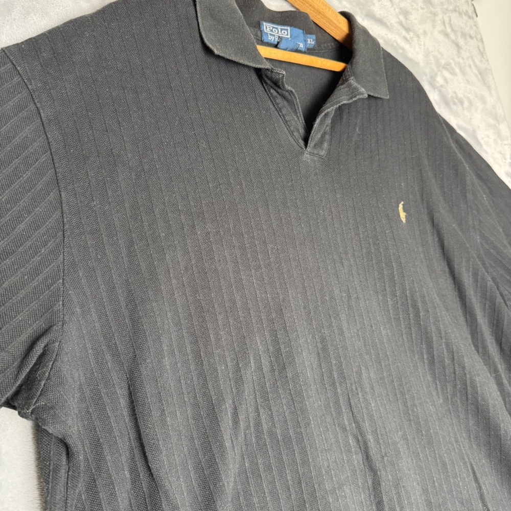 Ralph Lauren Mens XL Black Ribbed V-Neck Short Sleeve Polo Shirt Cotton Vintage - Picture 2 of 6